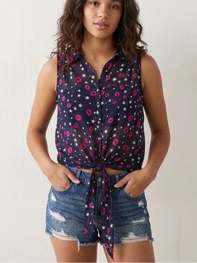 CALS Star & Pink Lip Print Sheer Tie-Front Blouse Small Whimsical